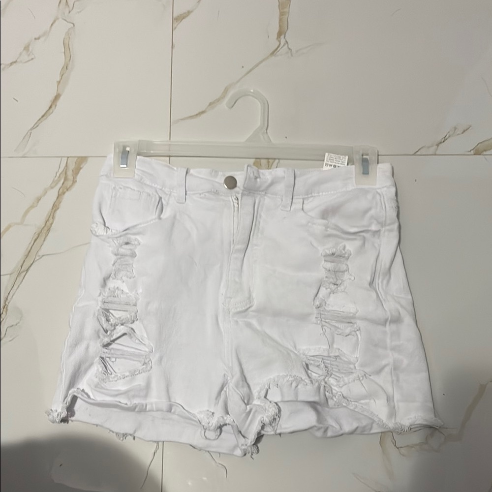 Distressed White Denim Shorts